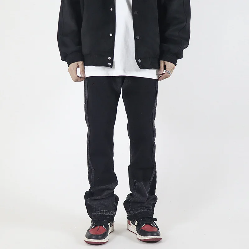 Men Jeans Stitching Design High Street Vibe Wind Micro-flare Casual Jeans Korean Version Y2K Pants Ins Hot Sale Patchwork Jeans