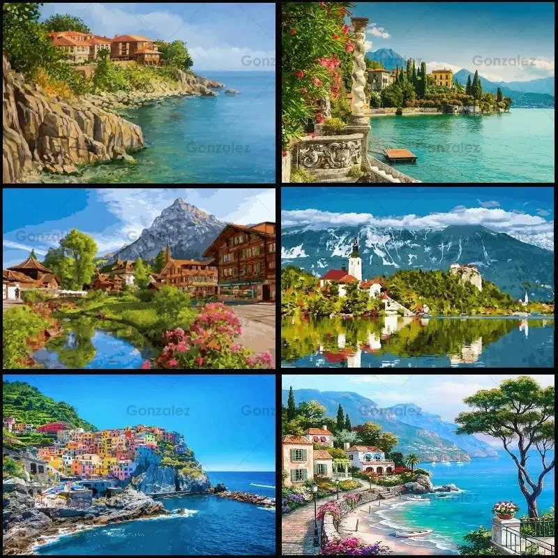 

Seaside Town Scenic 5D Diy Diamond Painting Full Round/square Drill Mosaic Cross Stitch Gifts Home Decoration Embroidery Kits