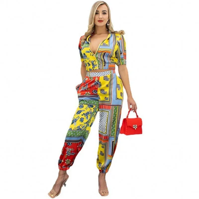 

Print Matching Pants Set Women Two 2 Piece Set Spring Summer New Short Sleeve Shirts High Waist Pencil Pants Tracksuit Outfits