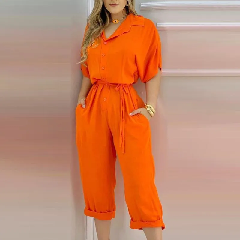 Elegant Woman Short Sleeve Jumpsuit 2023 Summer Solid Color Simple Casual One-Piece Pants with Waist Tucked Female Clothing