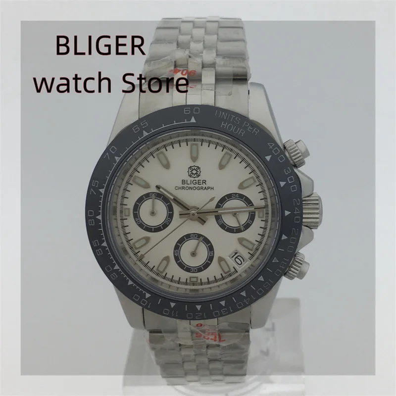

BLIGER 39mm quartz run second timer Sapphire Fashion Business Men's Watch VK63 Movement luminous white dial Date Men's watch