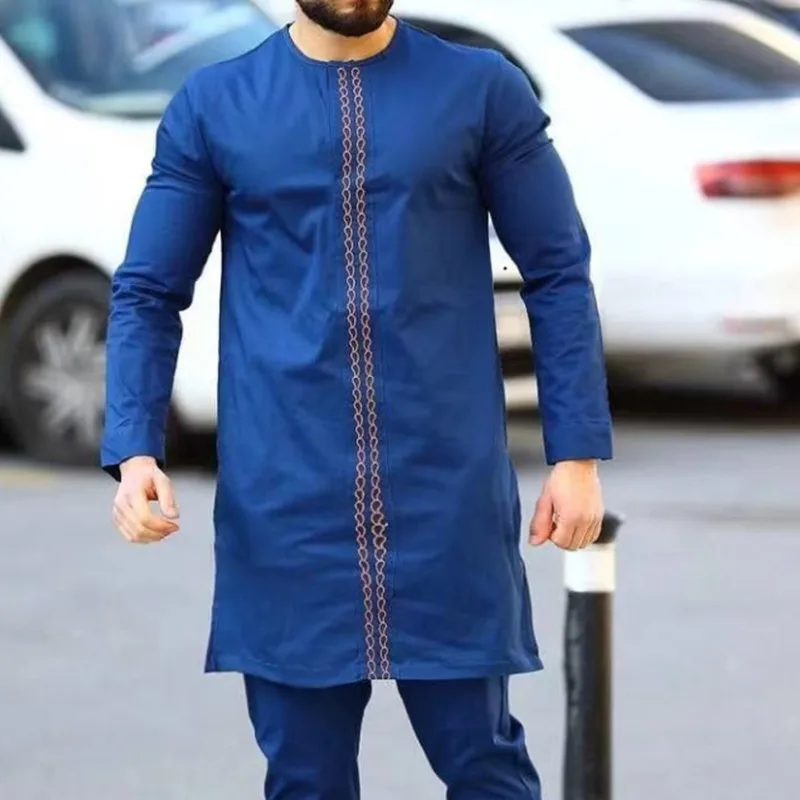 

Men's African Fashion Shirt Ethnic Long Sleeve Print Round Neck T-shirt Islam Muslim Men Clothing Casual Tops رمضان Spring