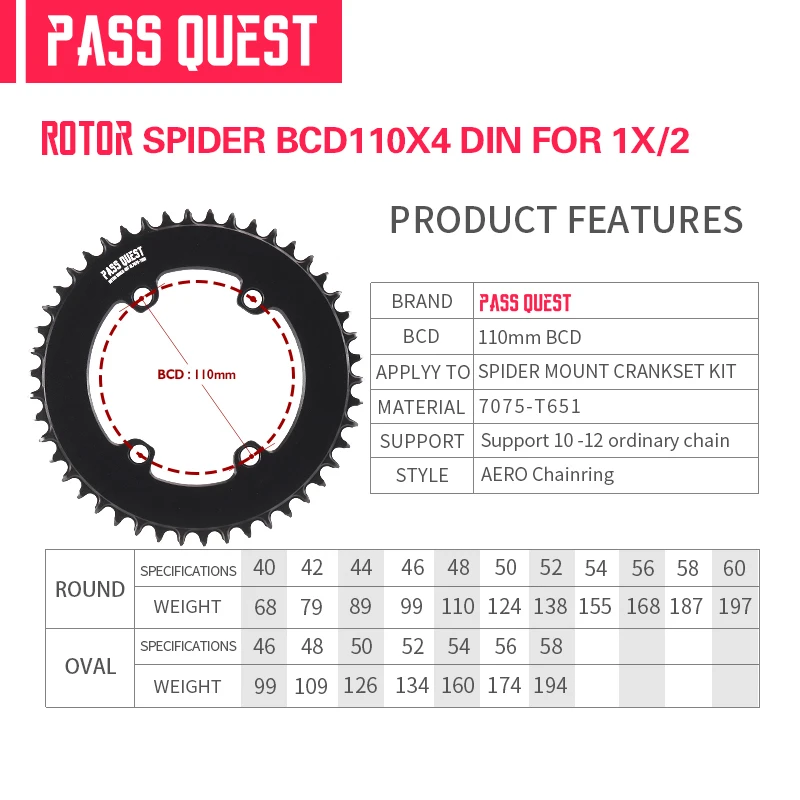 Фото Звезда для шоссейного велосипеда PASS QUEST ROTOR 110BCD, закрытый диск 40-60T, узко-широкая. №2