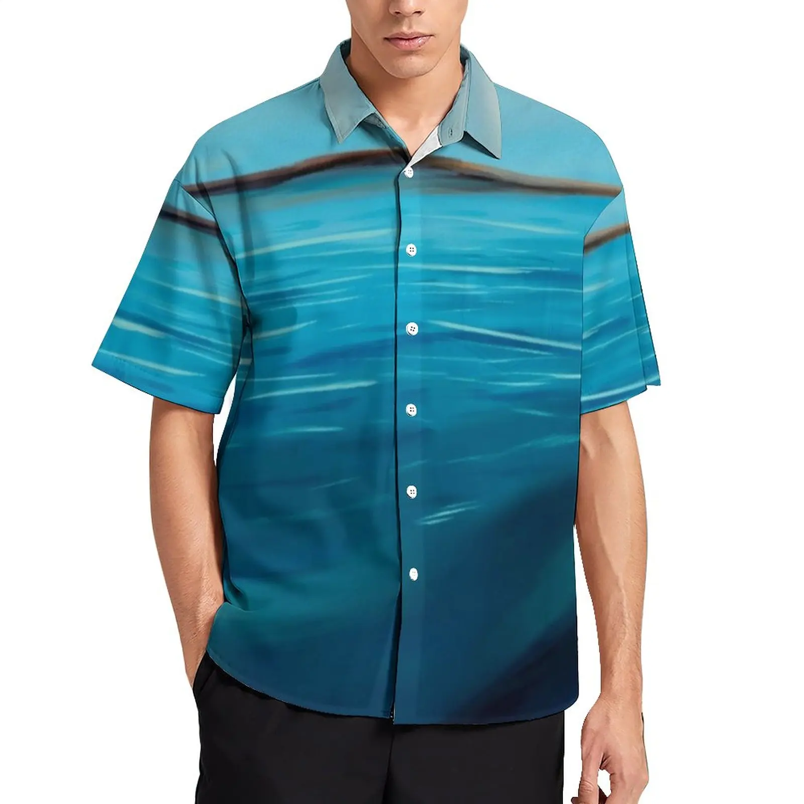 

Blue Beach Pirnt Casual Shirt Seaside Landscape Vacation Loose Shirt Hawaii Vintage Blouses Short Sleeve Design Oversize Tops