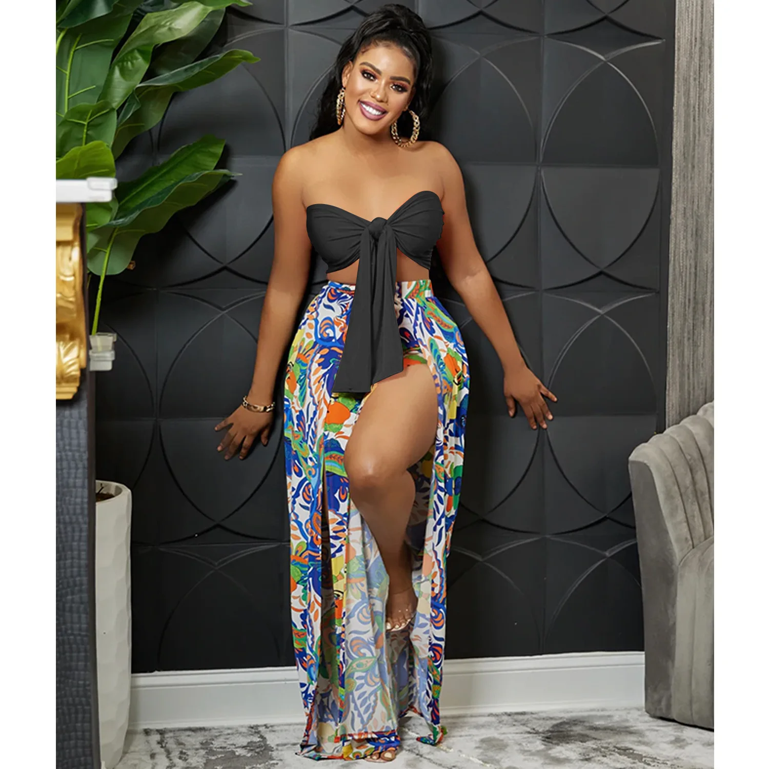 

2022 Spring Summer New Ladies Cropped Navel Top Printed Skirt Two Piece Tight Chic Elegant Casual Dress Party Sexy Ladies