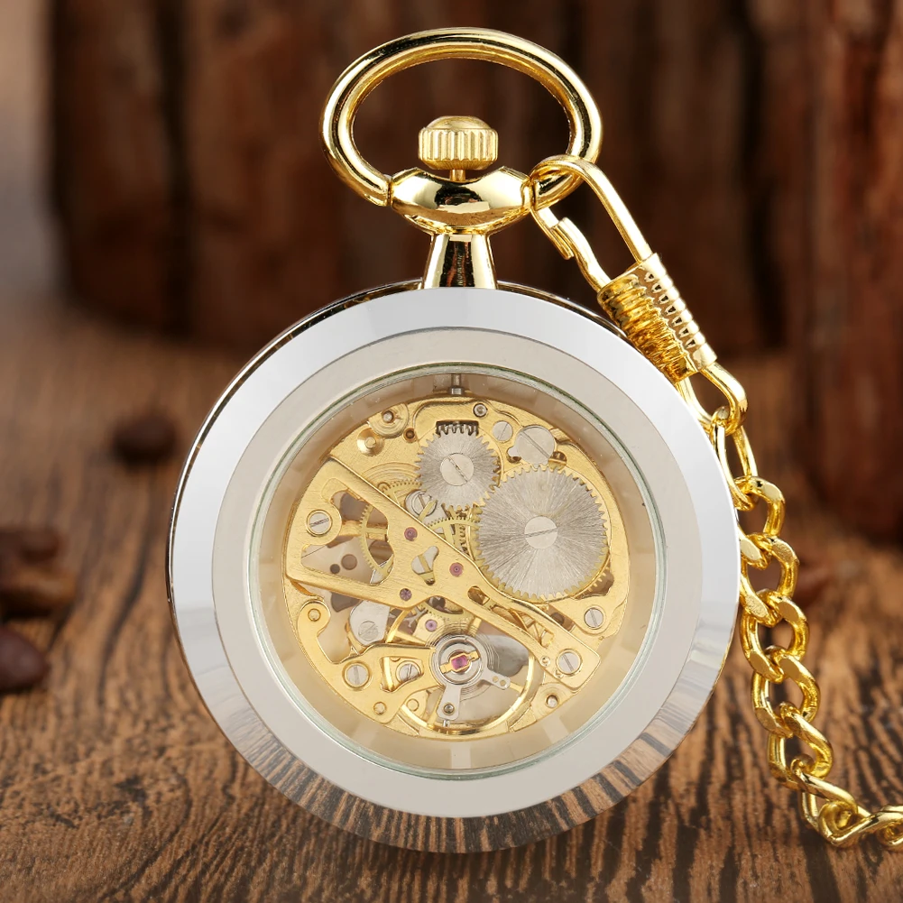 Open Face Silver Gold Skeleton Manual Mechanical Pocket Watch Roman Numerals Display Hand-Wind Pendant Pocket Clock Vintage Gift