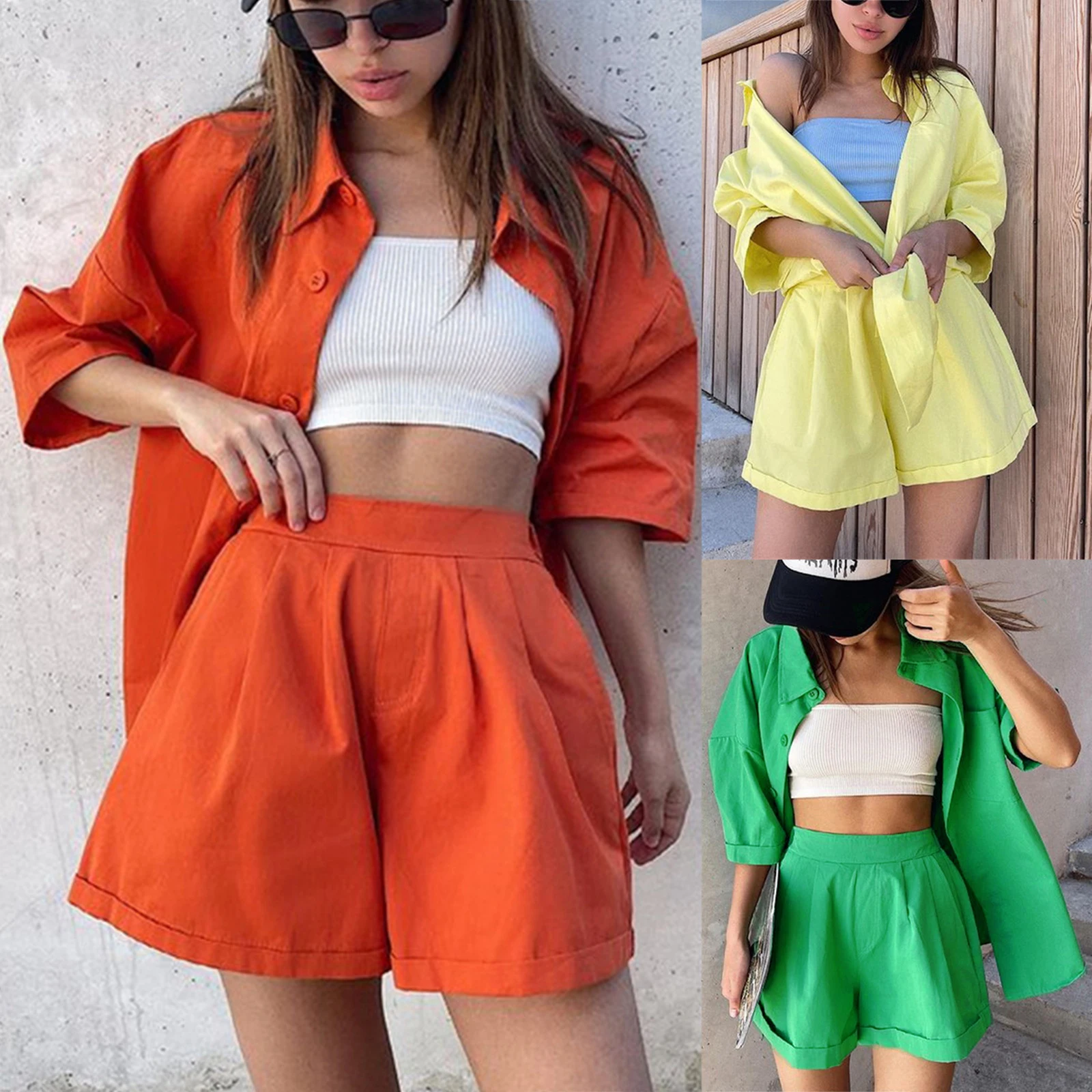 

Casual Summer Tracksuit Women 2 Piece Orange and Solid Set Button Down short Sleeve Shirt and Loose Mini Shorts Suit