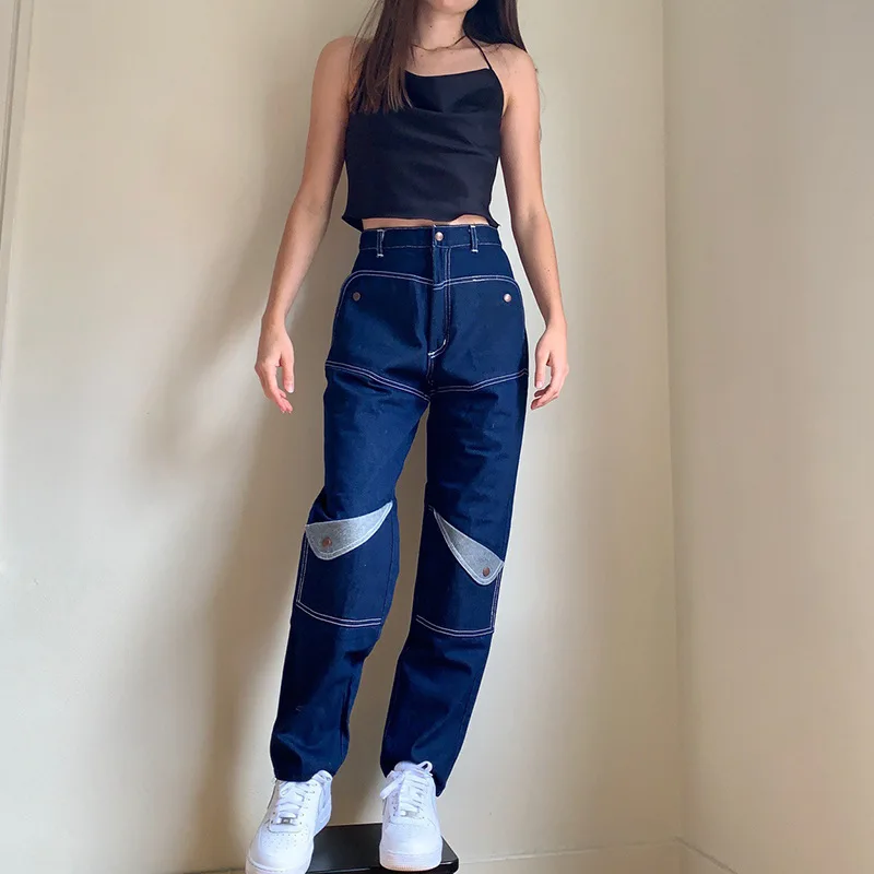 Street Fashion Contrast Colors Open-line High Waist Straight Pants Women Unique Pocket Design Patchwork Jeans Indie Denim Pants