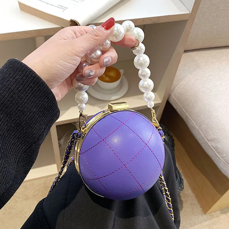 

Purple Round Crossbody Bag For Women PU Leather Basketball Bag Mini Ball Shape Creative Handbag Retro Pearl Chain Clutch Bag