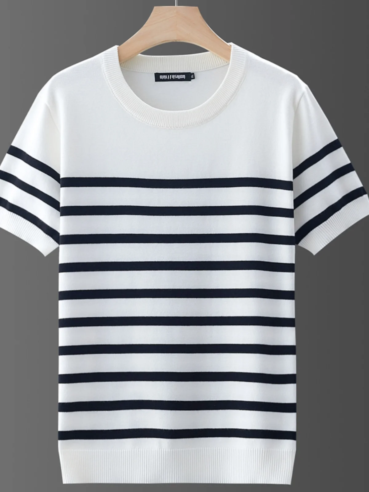 Men's Autumn and Winter New Plus size Sweater Warm Thickened Knit Trendy All-Matching Stripe Short sleeve Slim fit Top