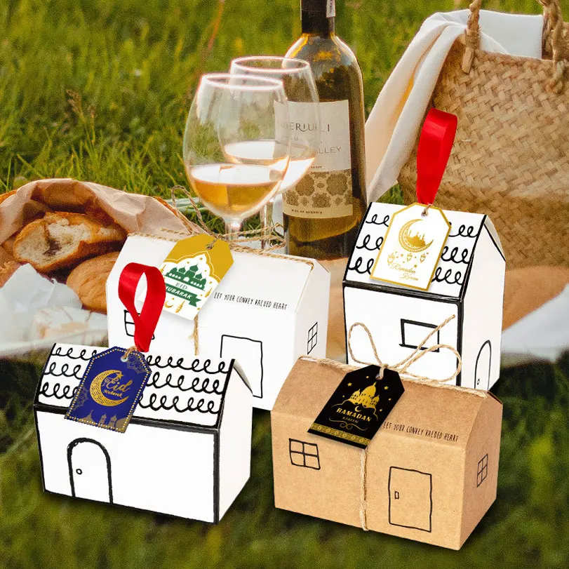 

20Sets Paper Gift Box White House Shape Gift Package Cooky Candy Box with Red Ribbon Wedding Favors Box Party Christmas Supply