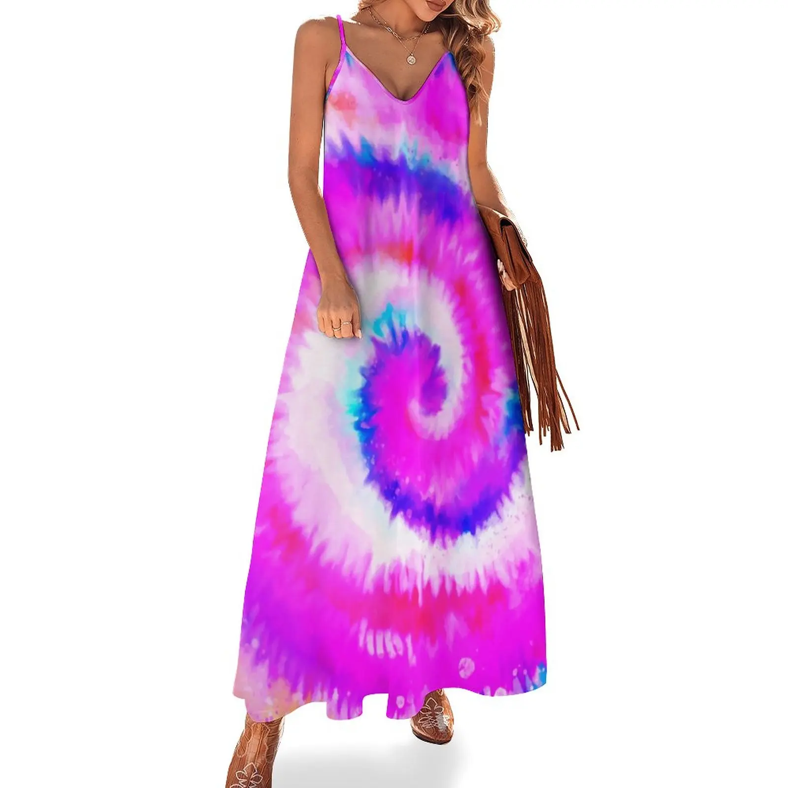 

Ombre Tie Dye Dress Rainbow Hippy Print Sexy Maxi Dress Straps Street Wear Casual Long Dresses Summer V Neck Oversized Vestidos