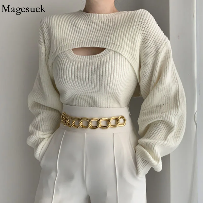 

Autumn and Winter Hollow Sexy Casual Outerwear Short Sweater Women Fashion Pullovers Sweater Two-piece Knitted Sweaters 23052