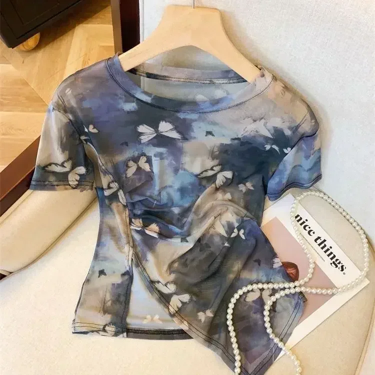 2024 женская летняя новая кружевная рубашка с принтом тай-дай футболка