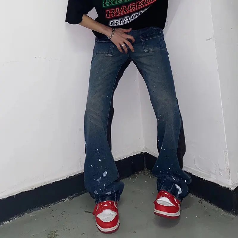 2022 Ink Splash Patchwork Hip Hop Baggy Men Flare Jeans Pants Vintage Loose Straight Punk Goth Denim Trousers Pantalones Hombre