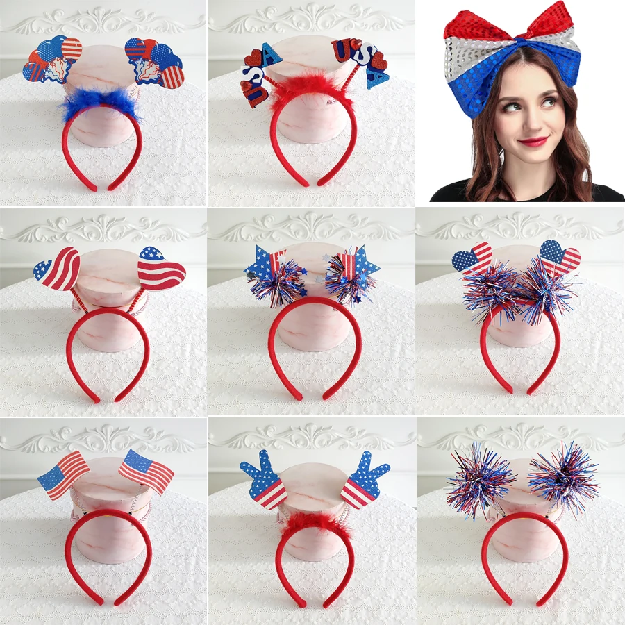 

9pcs 4th of July Headband Independence Day Head Boppers Patriotic Party Hair Hoop Headwear for Children Adult Hair Accessories