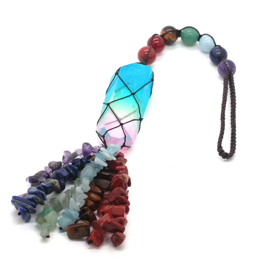 

KFT Handmade Rope Wrapped Irregular Crystal Natural 7 Chakra Crystal Tassel Hanging Decor Pendant Car Wall Window Decoration