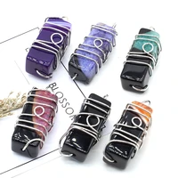 natural stone agate cuboid around silver wire pendant for jewelry makingdiy necklace earring accessories gems charm gift 20x48mm