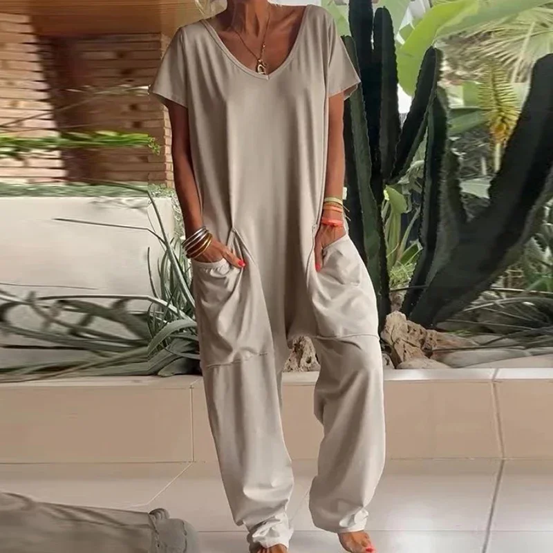 Женский комбинированный комбинезон из хлопка элегантный однотонный с короткими