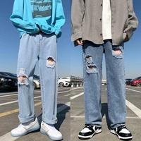 spring summer blue ripped jeans men fashion casual straight jeans men streetwear loose hip hop hole denim pants mens trousers