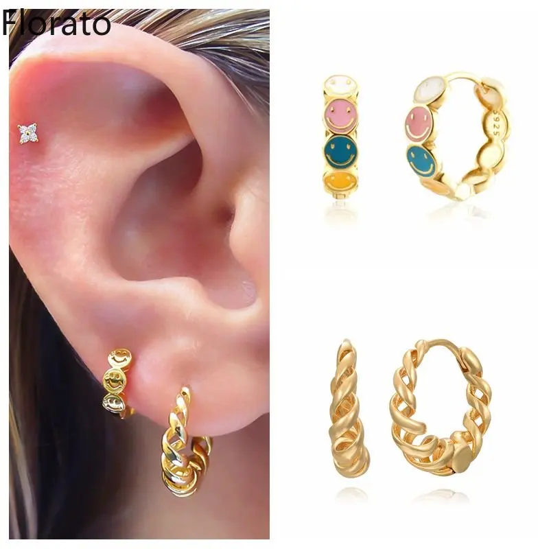 

Gold earrings 925 Sterling Silver Ear Needle Smiley Face Hoop buckle Twist Circle Earrings Minimalist Fashion Jewelry for women