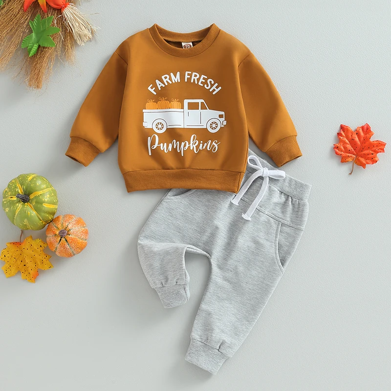 

Newborn Infant Boys 2PCS Baby's Sets Fashion Long Sleeve Letter Pumpkin Print Tops and Drawstring Pants Kids Toddler Clothes