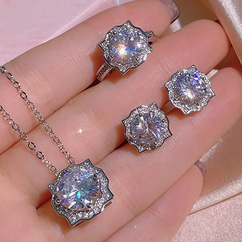 

Uilz 2022 Fashion Jewelry Sets for Womens Sccessories White Cubic Zirconia Round Stud Earrings Necklace Bracelet and Ring Sets