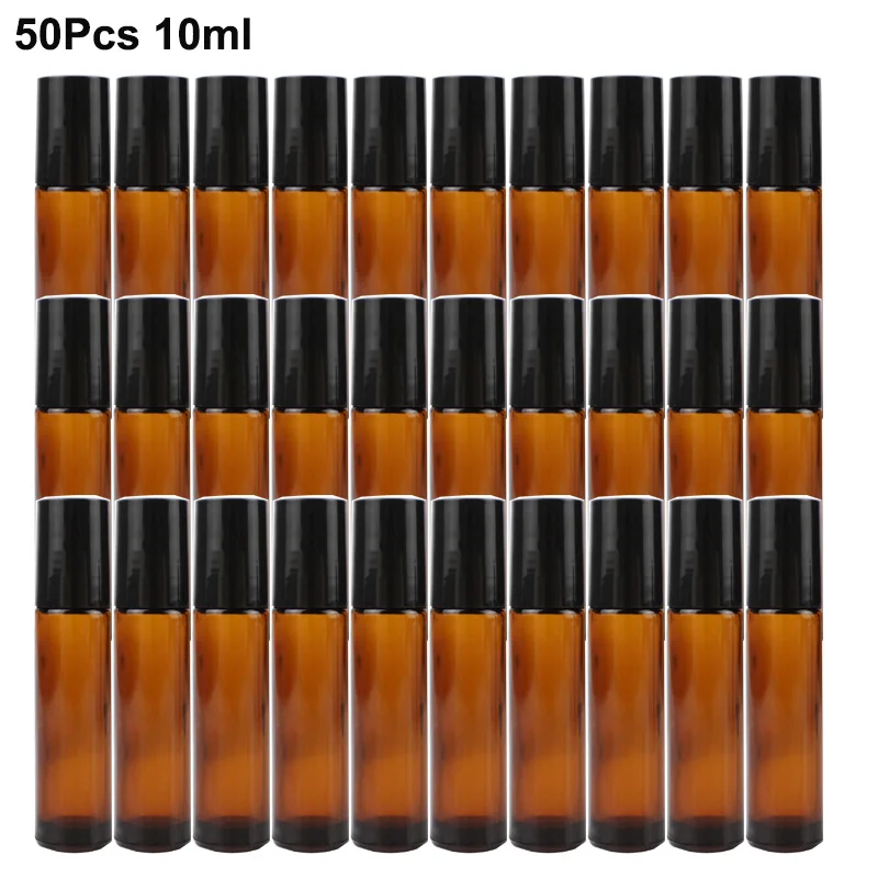 

50Pcs/Sets 10ml Amber Empty Refillable Roll On Bottles For Essential Oils Deodorant Containers With Stainless Steel Roller Ball