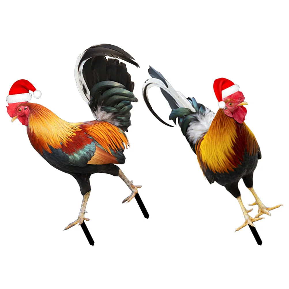 

2Pcs Rooster Stake Christmas Outdoor Patio Yard Adornment Chick Statue Christmas Hat Chicken Stakes