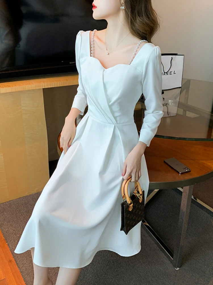 

2022 Autumn New French First Love Black Gentle Wind Dress Women's Long-sleeved Simple A-line Skirt Dress White Dress robe