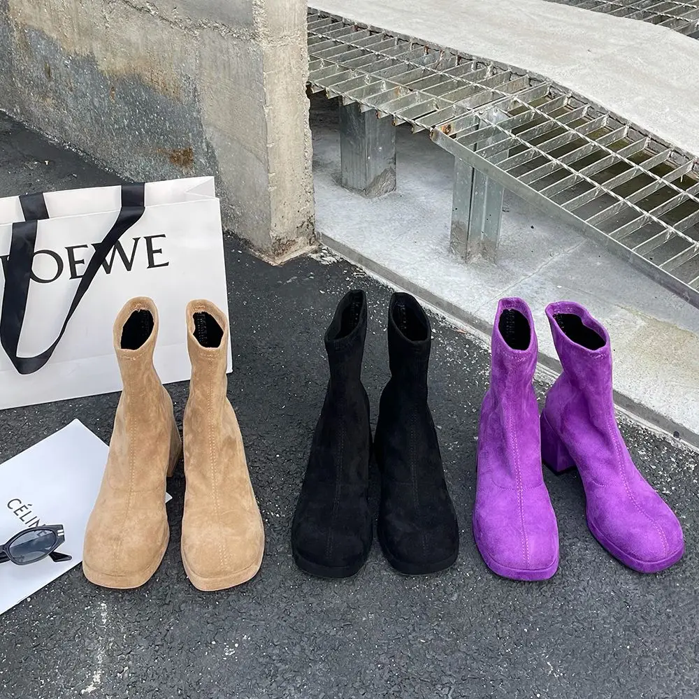 

Round Toe Women Ankle Boots Flock Stretch Sock Booties Black Beige Purple Thick High Heels Slip On Fashion Winter Autumn Bootie