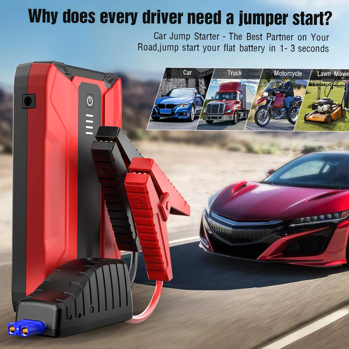 

Car Jump Starter 1500A Peak 18000mAh 12V Auto Battery Booster (up to 8L Gas,6L Diesel Engine) LED Light, Quick Charge