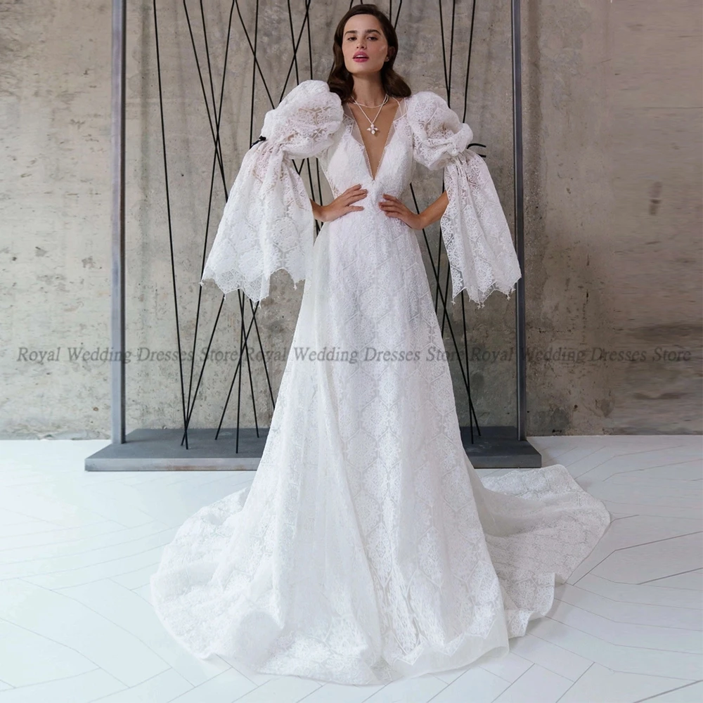 

Retro A Line Wedding Dresses Applique Tulle V Neck Sashes Puff Sleeve Draped Open Back 2022 Summer Floor Length Gowns Robe De Ma