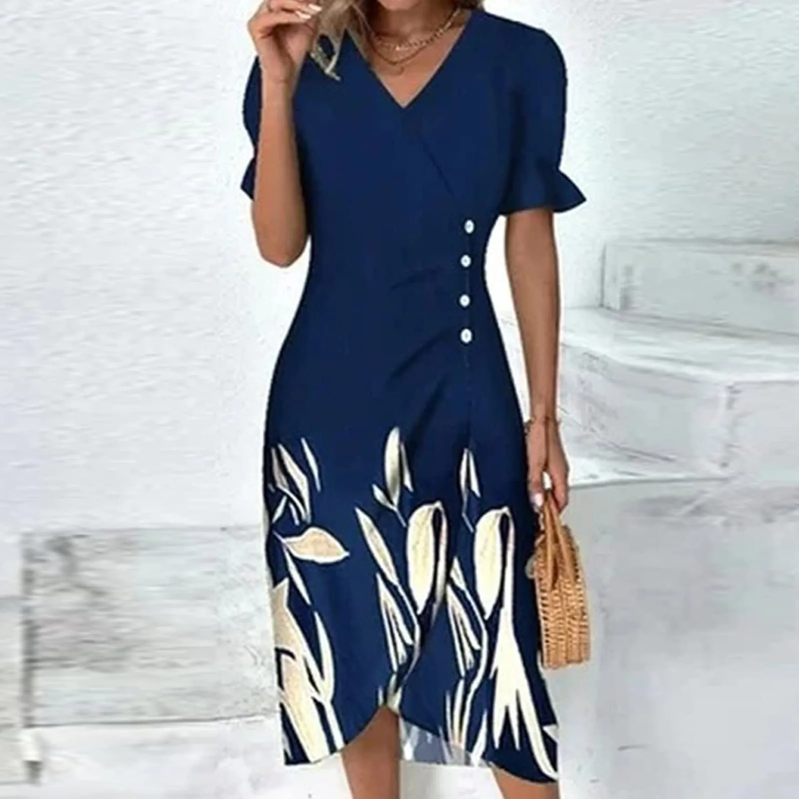 

2023 Summer Floral Short Sleeve V Neck Dress For Women Loose Dress Elegant Office Lady Temperament Party Dresses Female Clothing