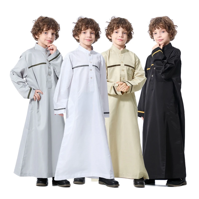 

Muslim Dresses for Kids Boys Long Sleeve Dubai Shirt Kaftan Thobe Robe Gown Straight Leisure Race Style Clothing Thobe