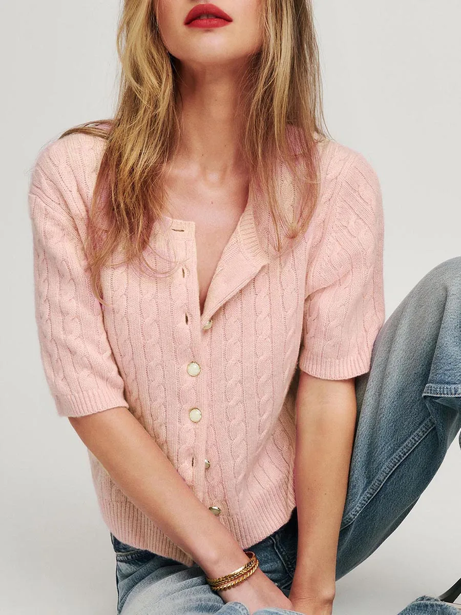 Women Fashion Cashmere Cardigan Solid Color Button Down Short Sleeve Sweater Summer Casual Soft Knit Tops
