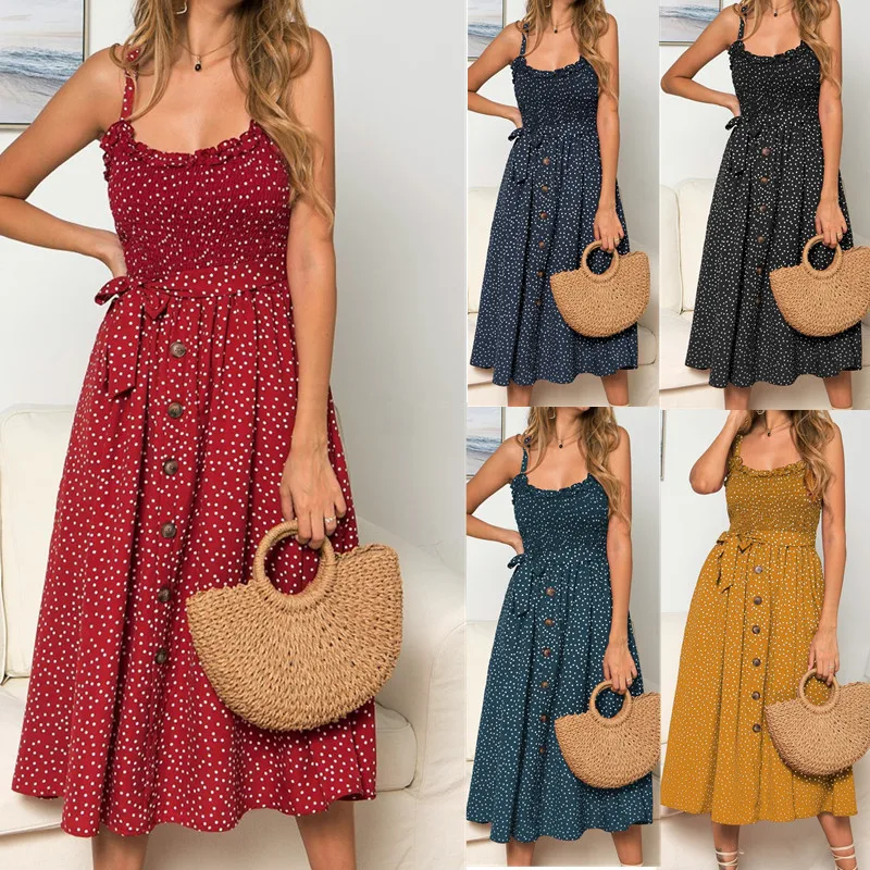

Sexy Summer Sleeveless Slip Dress Women Strapless Bow Button Loose Bandage Pleated Polka Dot Sundress Casual Backless Vestidos