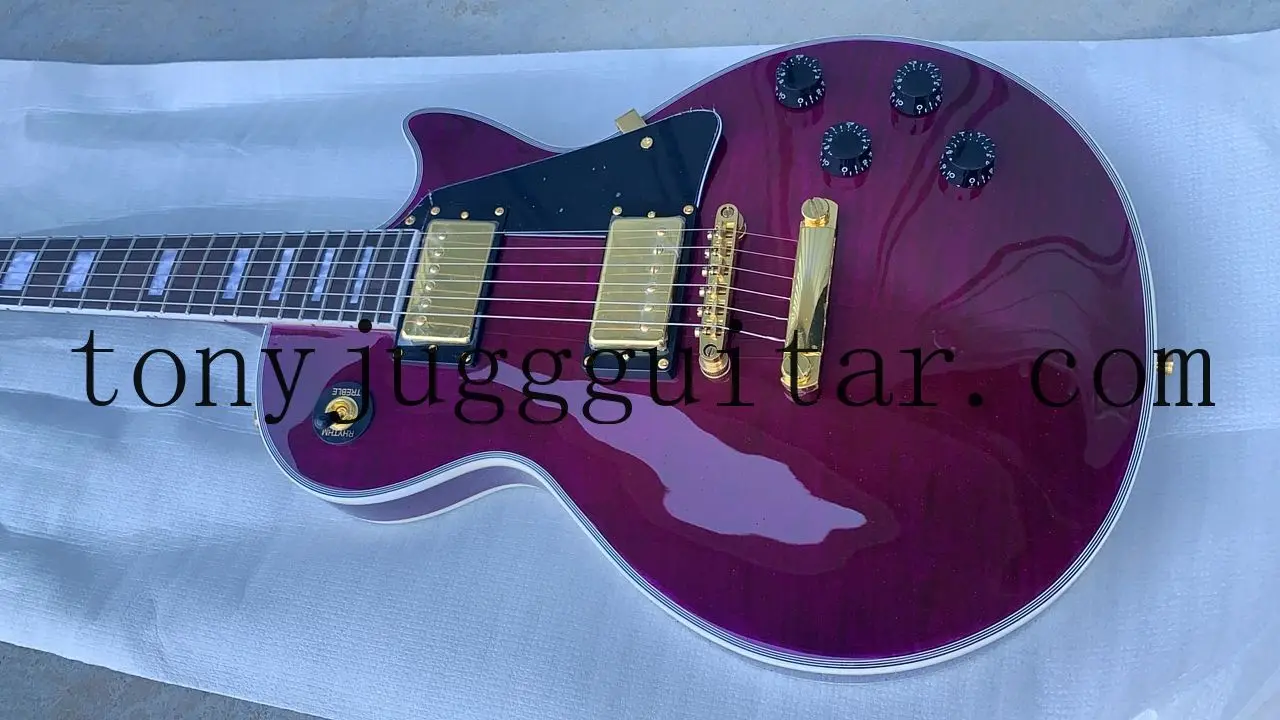 

Custom Flame Maple Top Trans Purple Electric Guitar Gold Hardware, Black Pickguard, Grover Tulip Tuners, 5 Ply Body Binding