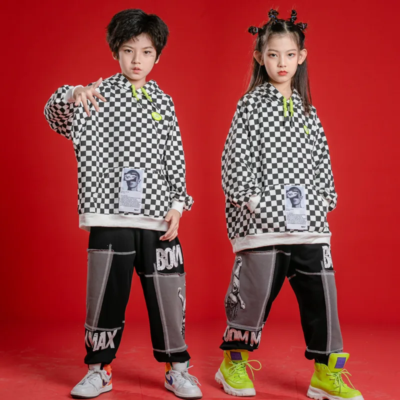 

Kid Kpop Hip Hop Clothing Checkered Hoodie Sweatshirt Top Streetwear Baggy Jogger Pants for Girl Boy Jazz Dance Costume Clothes
