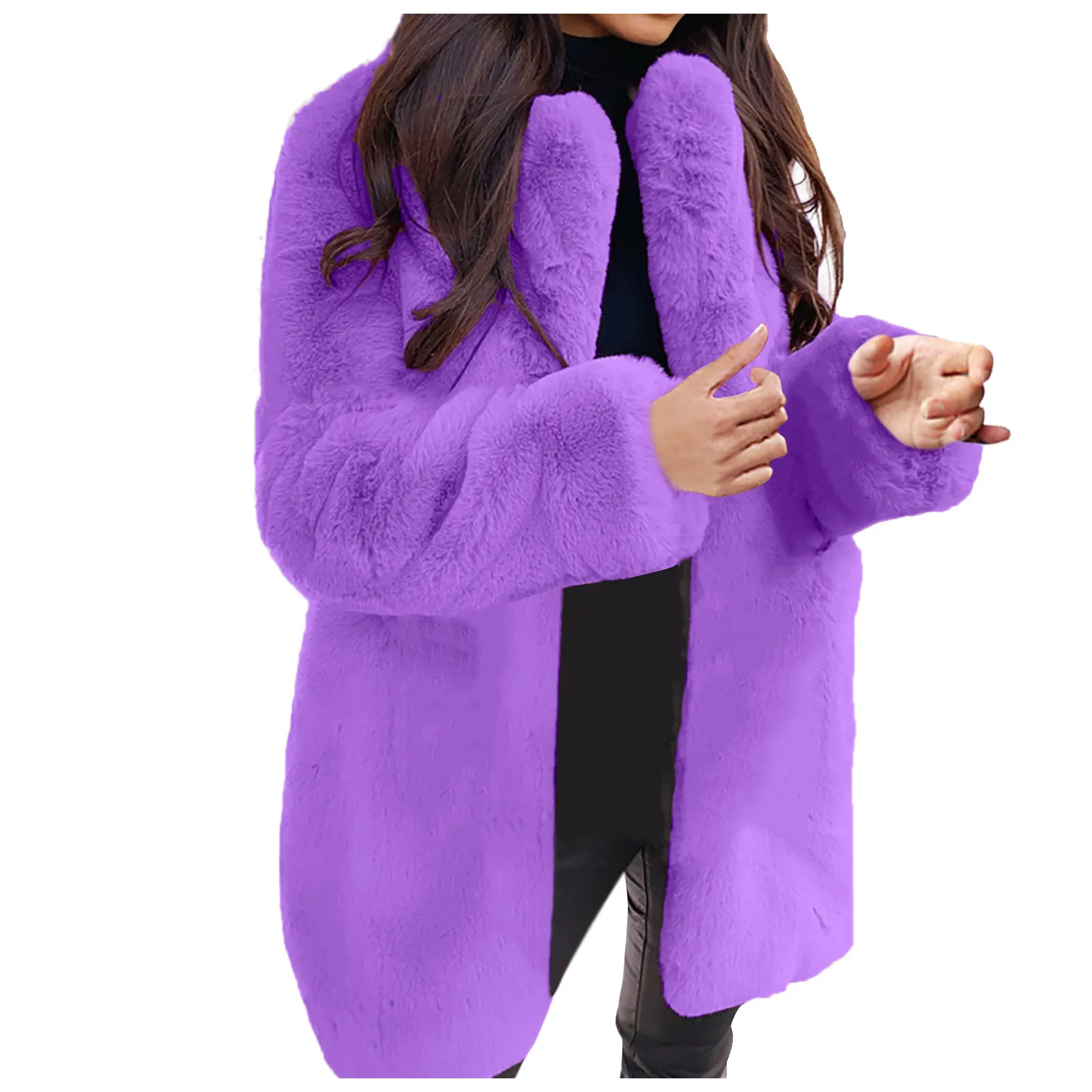 red Women Warm Luxury Faux fur Trench Coat Warm  Solid h Long Sleeve Lapel Jacket Cardigan Pockets Fleece Furry
