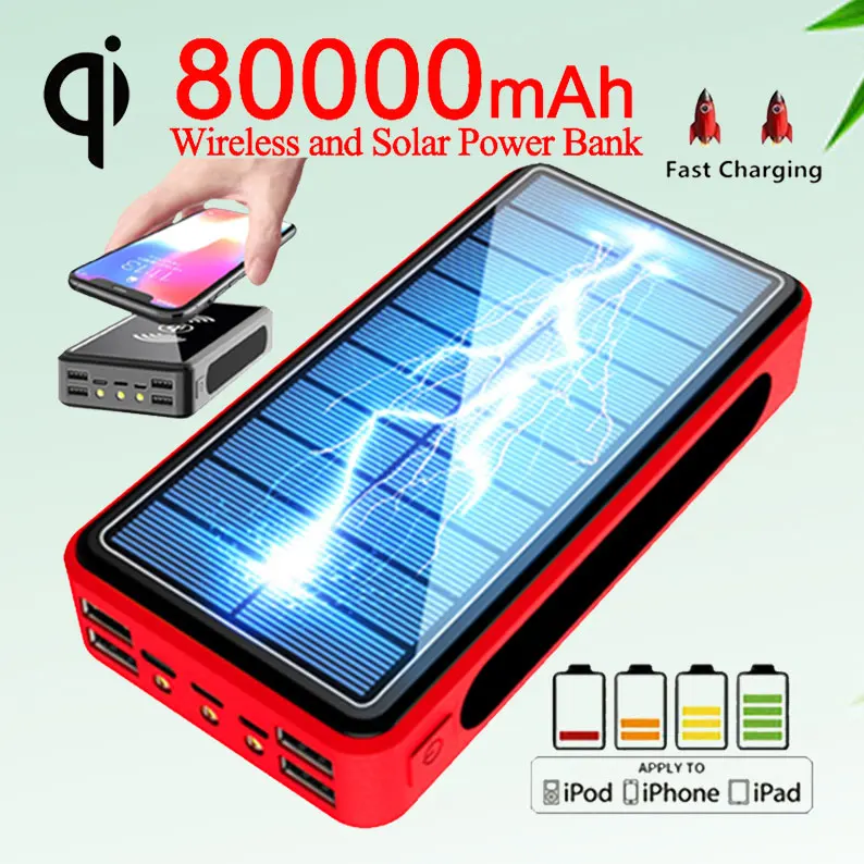 

Беспроводной внешний аккумулятор на солнечной батарее Qi, 80000 мАч, со светодиодной подсветкой, 4 USB-порта, быстрая зарядка для телефонов Xiaomi, ...