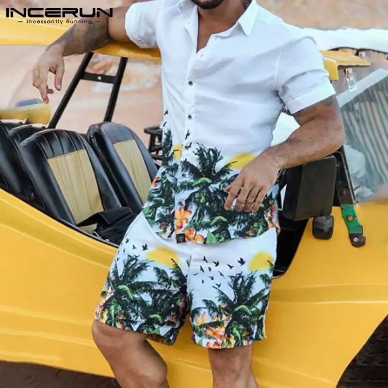 

Printed Men Hawaiian Sets Vacation Lapel Short Sleeve Shirt & Shorts Summer Fashion Streetwear Mens Suits 2 Pieces S-3XL INCERUN