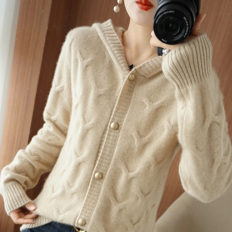 Cashmere Sweater Ladies 100% Pure Wool Hood Collar Cardigan 2022 Autumn/Winter New Knit Tops Casual Korean Loose Female Jacket