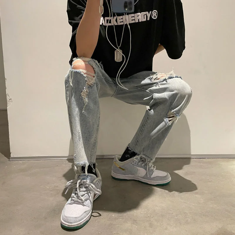 Hole Jeans for Men Summer Fashion Thin Loose Pants Bottoms Handsome Vintage Casual Trousers Male Cloting Streetwear Plus Size