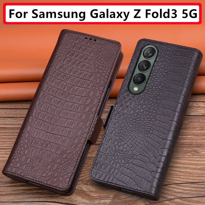 

Genuine Cowhide Leather Flip Wallet Case for Samsung Galaxy Z Fold3 Fold 4 3 Magnetic Buckle 3D Alligator Crocodile Grain Cover