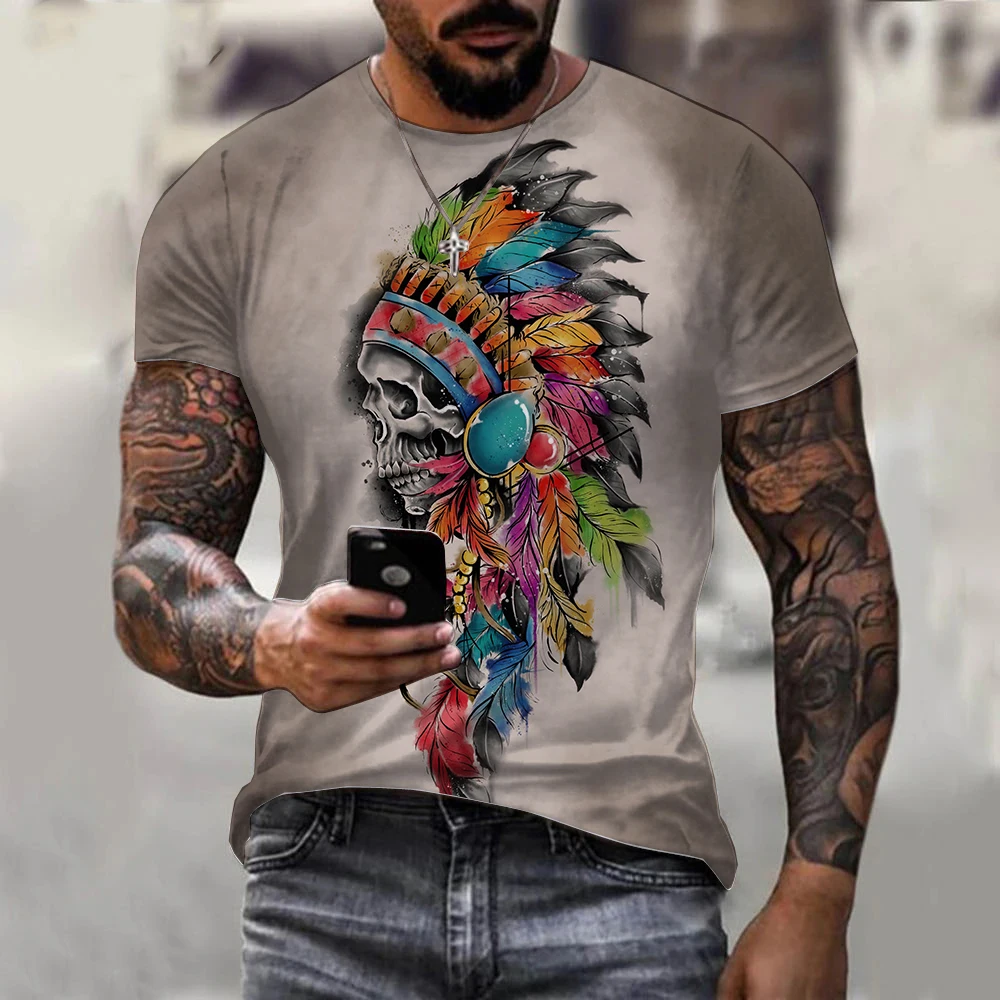 

2023 Indians Culture Harajuku Men's Tshirts Summer 3D Printed T-shirt Fashion O-Neck Short Sleeve Skull Tops Tees Streetwear