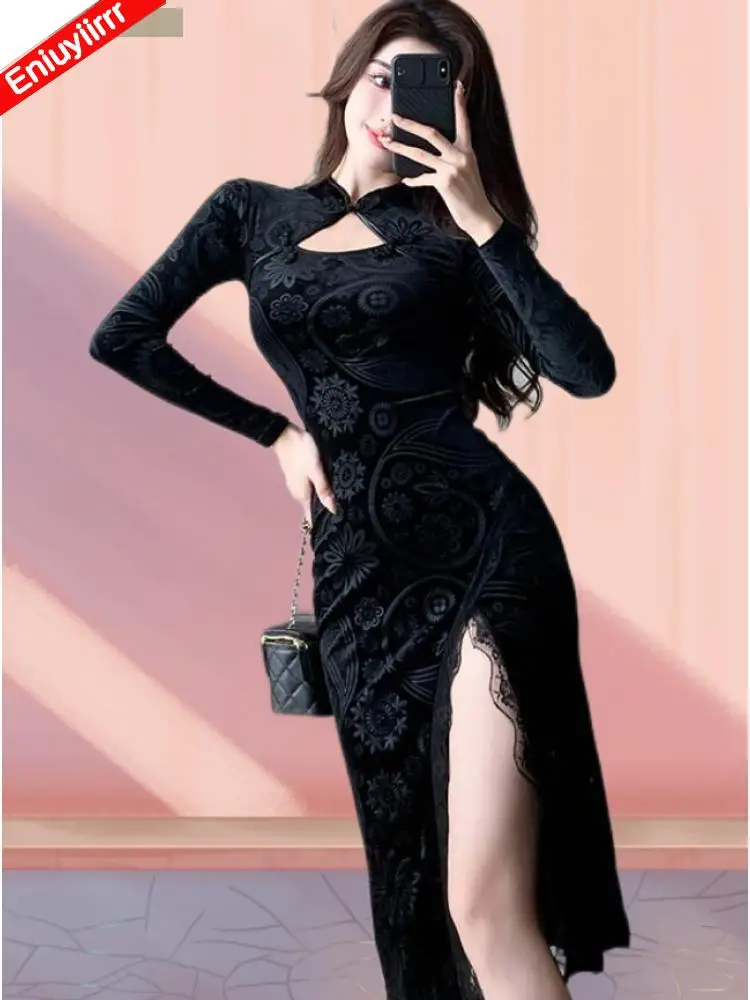 

Cheongsam Design Pencil Dresses New Hot 2023 Women Sexy Lady Bodycon New Year Christmas Party Elegant Long Black Lace Dress