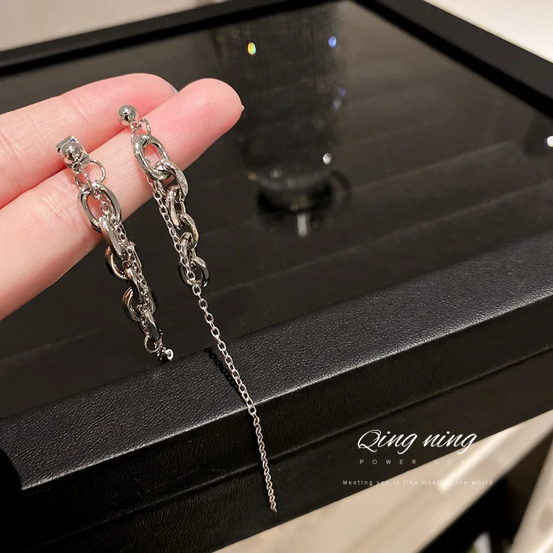 

925 Silver Needle Korean Fashion Personality Cool Wind Earrings Asymmetric Chain Tassel Net Red Temperament