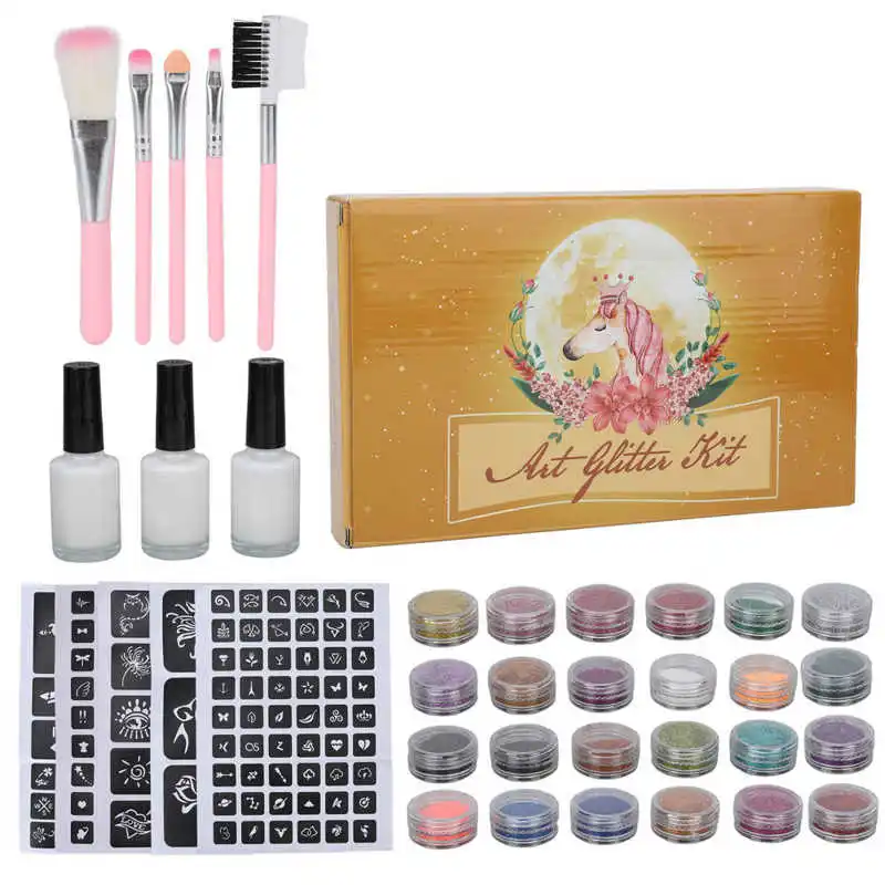 

Temporary Tattoo Glitter Kit Shiny Portable Professional Kid Tattoo Glitter with Stencils for DIY Painting