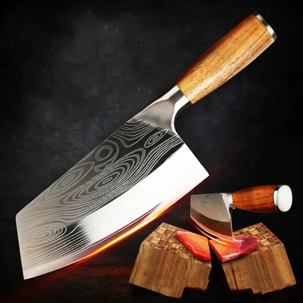 Cleaver Knife Full-tang Chinese Chopping Vegetable Fish Chicken Meat Wood Handle Steel Blade Chef Damascus